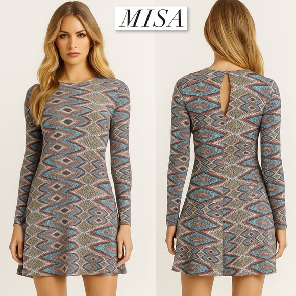 MISA Los Angeles Prism Print Slinky Swing Dress Long Sleeve Mosaic Southwestern - Picture 2 of 16